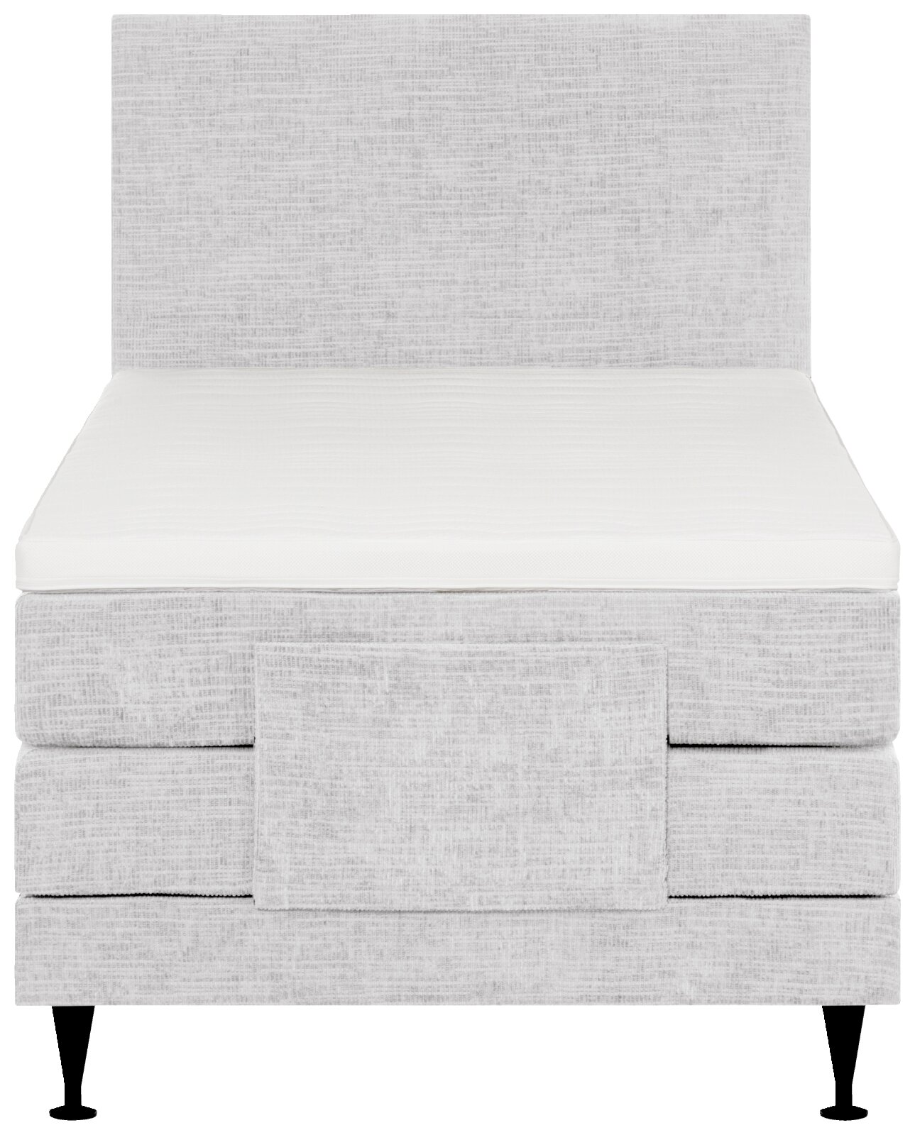 Vooraanzicht van een luxe lichtgrijze gestoffeerde boxspring met hoog hoofdbord, witte matras en zwarte poten.