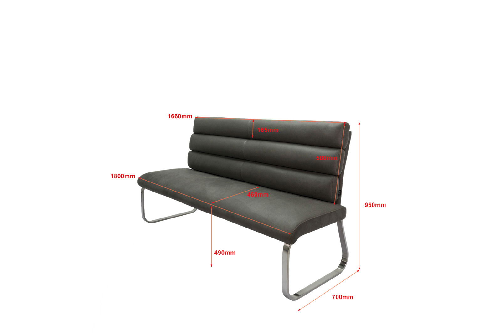 Moderne graue Bank mit Metallbeinen, seitliche Perspektive, Maße in Millimetern angegeben.
