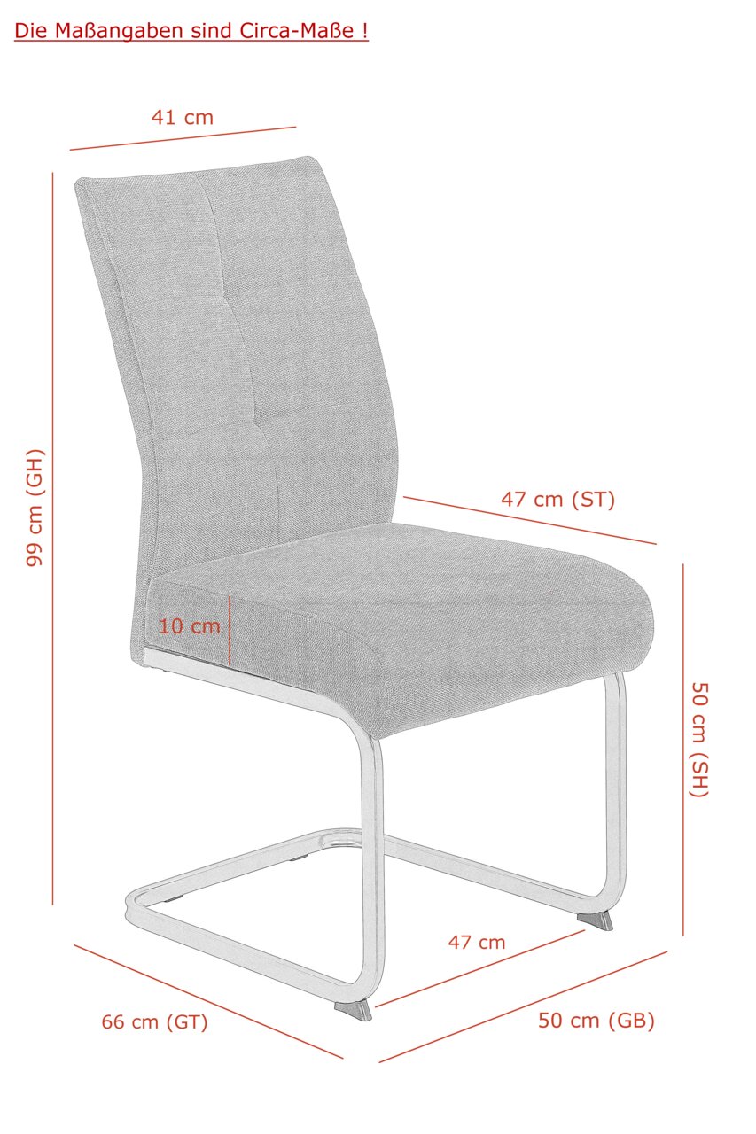 Grauer Schwingstuhl mit Metallgestell, seitliche Perspektive, Maße: 99 cm Höhe, 66 cm Gesamttiefe, 47 cm Sitzbreite, 50 cm Sitzhöhe.