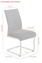 Grijze schommelstoel met metalen frame, zijaanzicht, afmetingen: 99 cm hoog, 66 cm totale diepte, 47 cm zitbreedte, 50 cm zithoogte.