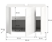 Weißer Waschbeckenunterschrank mit zwei Türen, geöffnet, zeigt Innenregale. Frontale Perspektive.