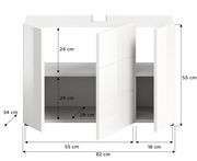 Weißer Waschbeckenunterschrank mit zwei Türen, geöffnet, zeigt Innenregale. Frontale Perspektive.