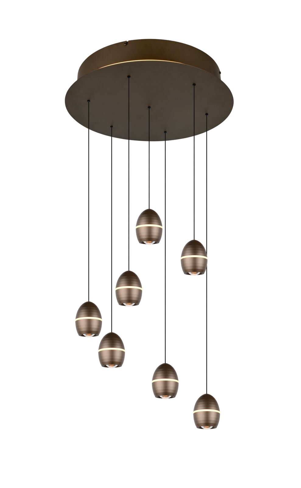 TRIO SELECT LED-hanglamp BEDFORD Moderne hanglamp met ronde plafondplaat in donker metaal en zeven eivormige pendels op verschillende hoogtes, frontaanzicht licht van onderen