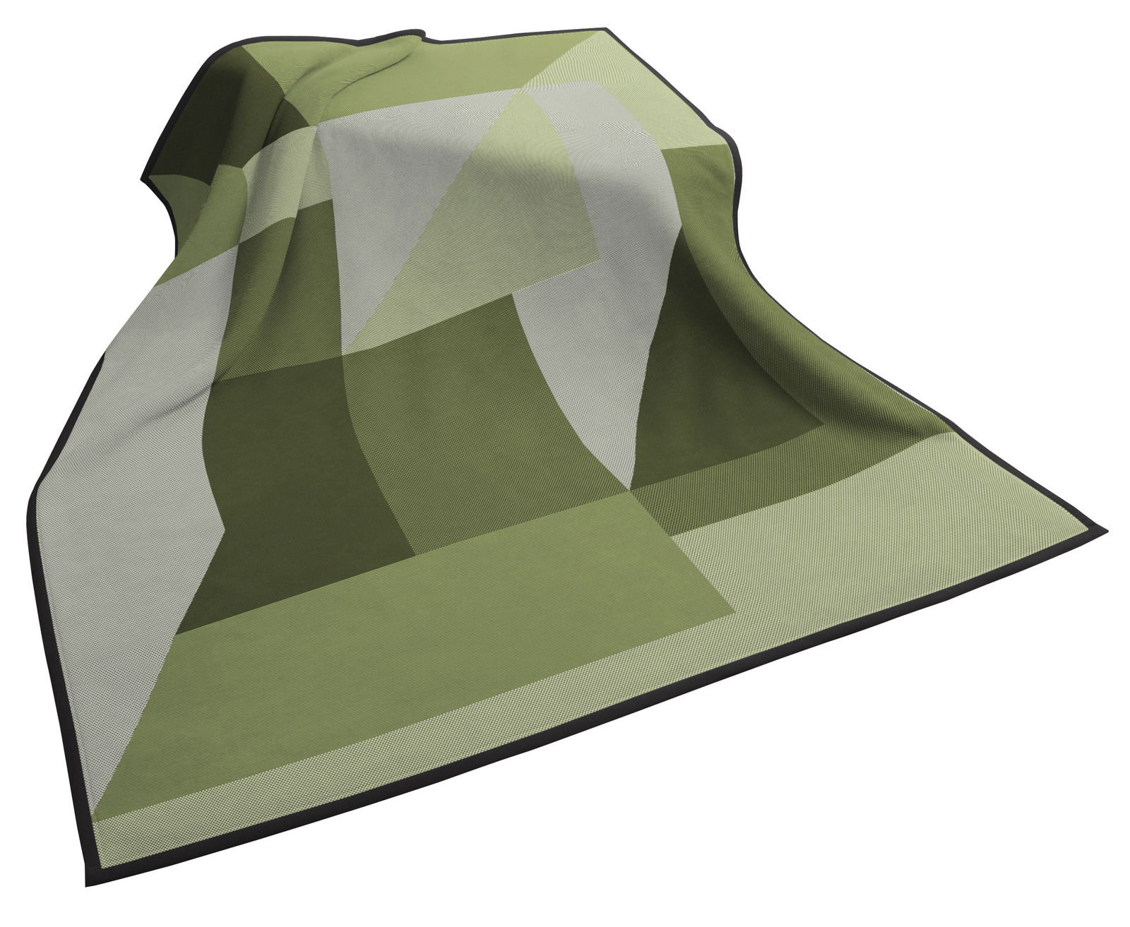 biederlack Wohndecke COTTON HOME Grüne Wohndecke mit geometrischem Muster, ausgebreitet in einer leicht gewellten Perspektive.