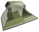 Grüne Wohndecke mit geometrischem Muster, ausgebreitet in einer leicht gewellten Perspektive.