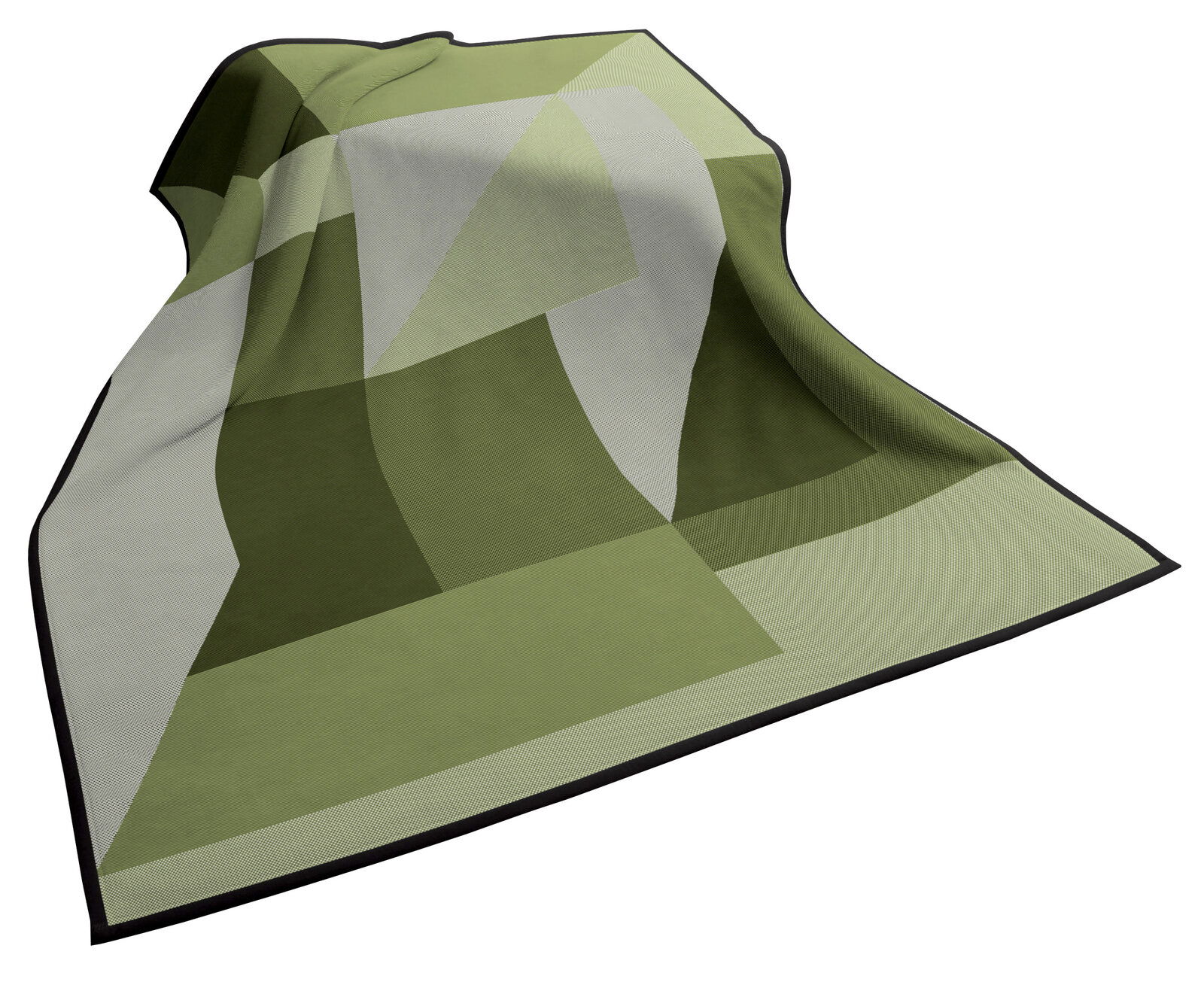 biederlack Wohndecke COTTON HOME Grüne Wohndecke mit geometrischem Muster, ausgebreitet in einer leicht gewellten Perspektive.