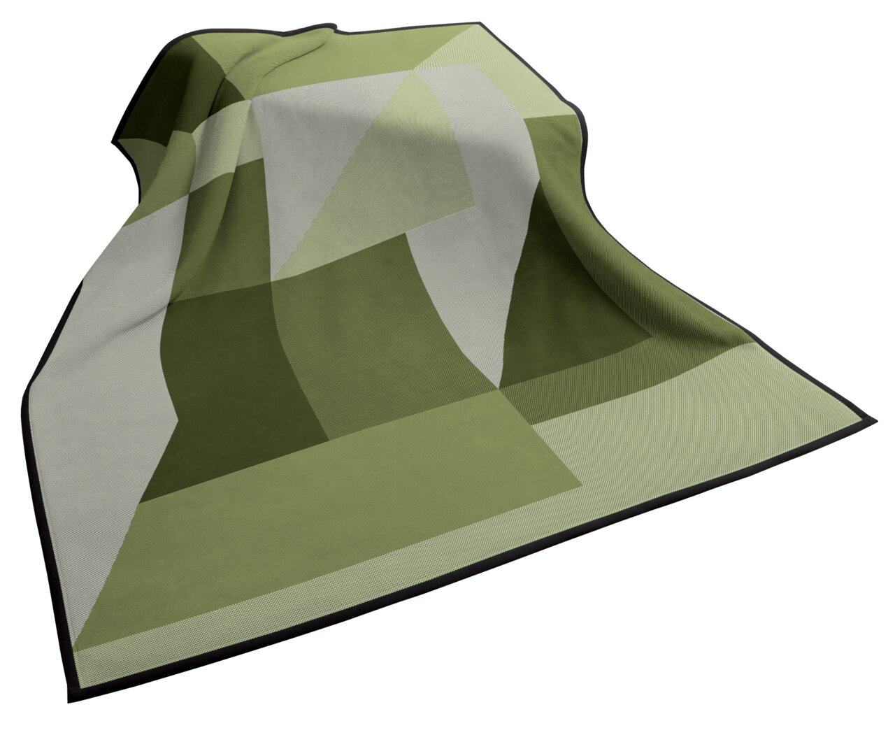 biederlack Wohndecke COTTON HOME Grüne Wohndecke mit geometrischem Muster, ausgebreitet in einer leicht gewellten Perspektive.