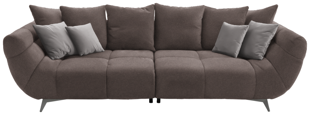 Großes, modernes Sofa in braunem Stoff mit mehreren Kissen, frontal fotografiert.