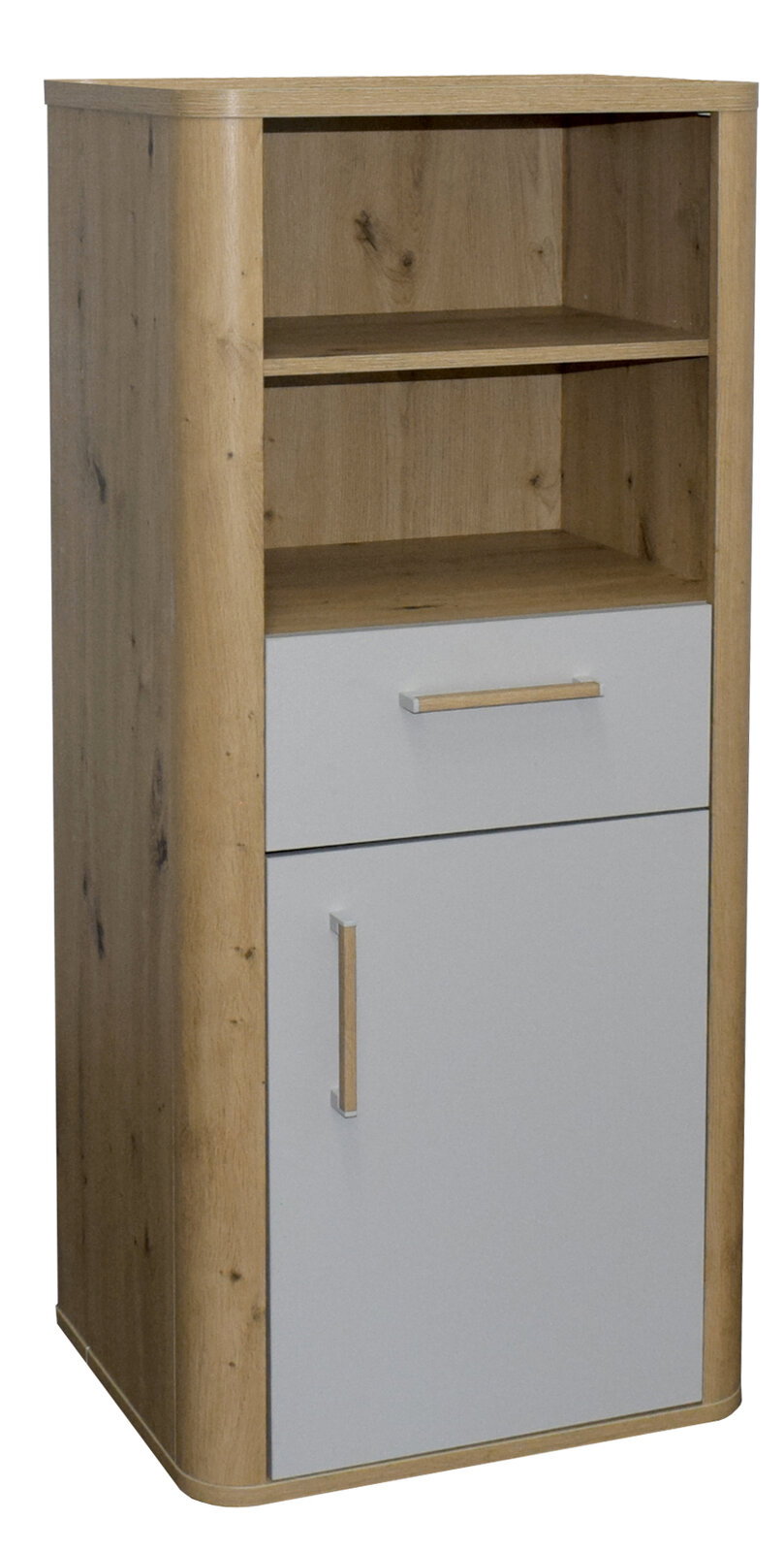 Beistellschrank aus Holz mit zwei offenen Fächern, einer Schublade und einer Tür, frontal betrachtet.