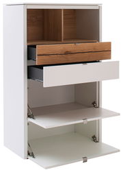 Weißes Highboard-Vitrine mit offenen Schubladen und Türen, seitliche Perspektive