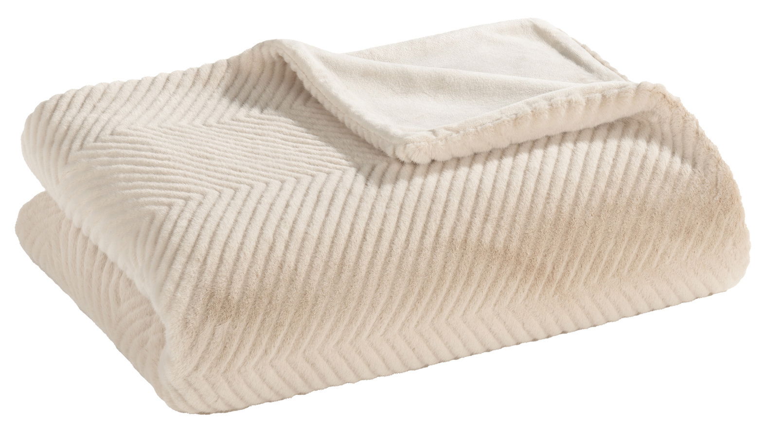 Linneweber Felldecke Gefaltete cremefarbene Felldecke mit Zickzackmuster, seitliche Perspektive