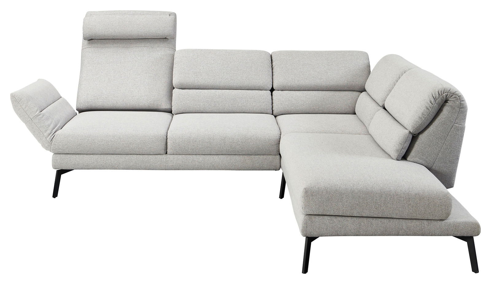 Ecksofa in hellgrauem Stoff mit verstellbaren Kopfstützen und schwarzem Metallgestell, Perspektive von vorne links