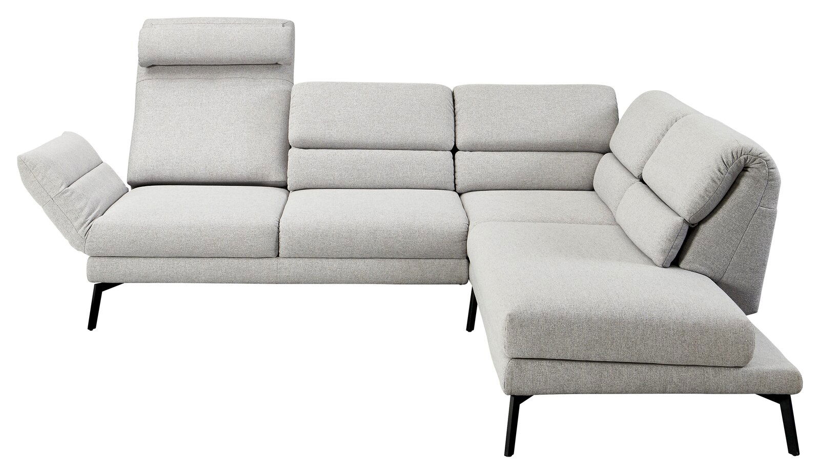 Ecksofa in hellgrauem Stoff mit verstellbaren Kopfstützen und schwarzem Metallgestell, Perspektive von vorne links