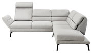 Ecksofa in hellgrauem Stoff mit verstellbaren Kopfstützen und schwarzem Metallgestell, Perspektive von vorne links