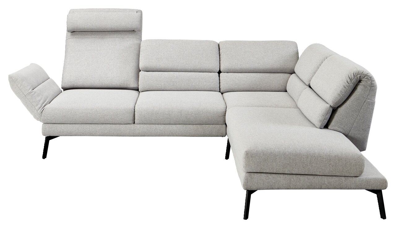 Ecksofa in hellgrauem Stoff mit verstellbaren Kopfstützen und schwarzem Metallgestell, Perspektive von vorne links