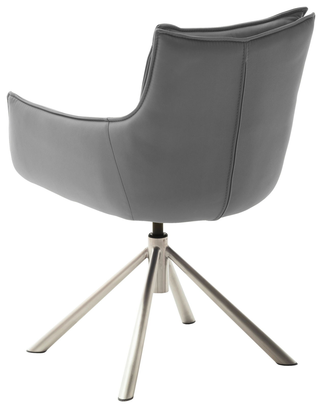 Rückansicht eines grauen Sessels mit Metallbeinen