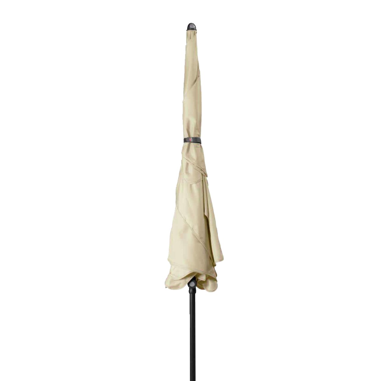 Geschlossener beige Sonnenschirm aus seitlicher Perspektive