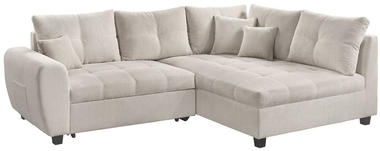 Z2 Hoekbank BELLUNO Beige hoekbank met zachte stoffen bekleding, bestaande uit twee delen, met meerdere kussens, gezien vanuit de voorkant.