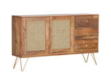 Holz-Sideboard mit zwei geflochtenen Türen und drei Schubladen, auf goldenen Metallbeinen, seitliche Perspektive