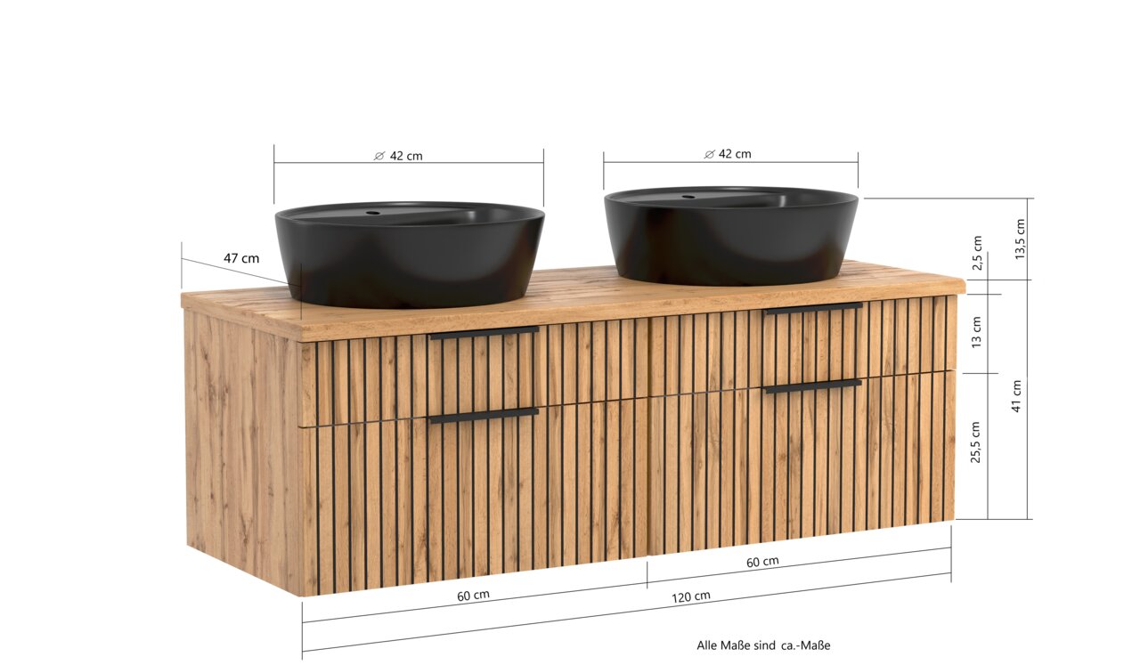 Frontansicht eines Waschtisch-Sets mit zwei schwarzen Aufsatzwaschbecken auf einer Holzoberfläche, 120 cm breit, mit vertikalen Holzlamellen und schwarzen Griffen.