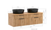 Frontansicht eines Waschtisch-Sets mit zwei schwarzen Aufsatzwaschbecken auf einer Holzoberfläche, 120 cm breit, mit vertikalen Holzlamellen und schwarzen Griffen.