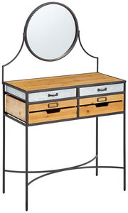 Schminktisch mit rundem Spiegel, zwei oberen Schubladen aus Metall und zwei unteren Schubladen aus Holz, seitliche Perspektive