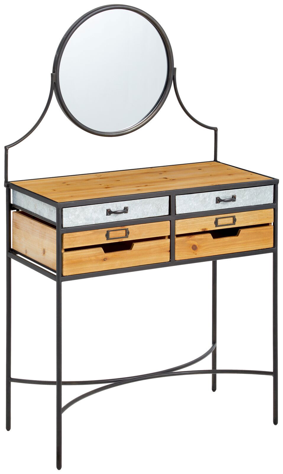 Schminktisch mit rundem Spiegel, zwei oberen Schubladen aus Metall und zwei unteren Schubladen aus Holz, seitliche Perspektive