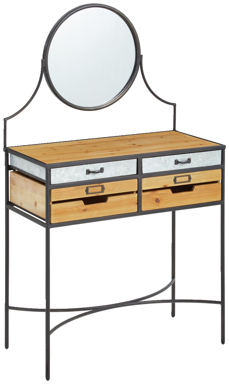 Landscape Schminktisch EMMA Schminktisch mit rundem Spiegel, zwei oberen Schubladen aus Metall und zwei unteren Schubladen aus Holz, seitliche Perspektive