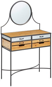 Schminktisch mit rundem Spiegel, zwei oberen Schubladen aus Metall und zwei unteren Schubladen aus Holz, seitliche Perspektive