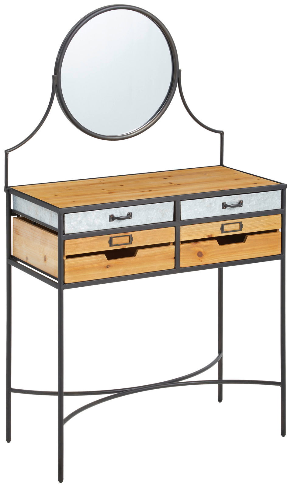 Schminktisch mit rundem Spiegel, zwei oberen Schubladen aus Metall und zwei unteren Schubladen aus Holz, seitliche Perspektive