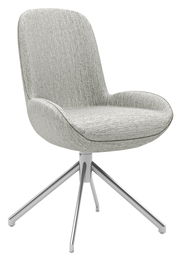 Moderner grauer Stuhl mit gepolsterter Sitzfläche und Rückenlehne, auf einem stabilen Metallgestell mit vier Beinen. Seitenansicht.