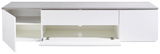 TV-Lowboard in Weiß mit grauer Oberseite, offene Türen und Schubladen, Frontansicht