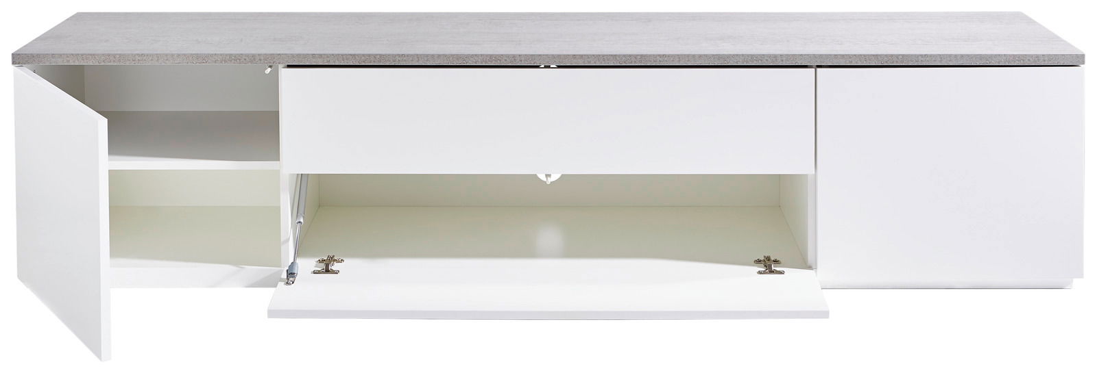 TV-Lowboard in Weiß mit grauer Oberseite, offene Türen und Schubladen, Frontansicht
