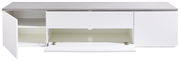 TV-Lowboard in Weiß mit grauer Oberseite, offene Türen und Schubladen, Frontansicht