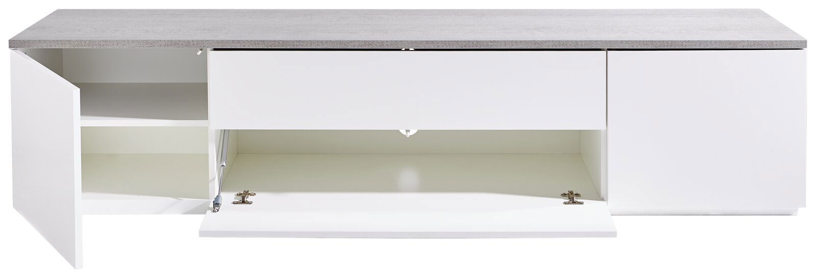 TV-Lowboard in Weiß mit grauer Oberseite, offene Türen und Schubladen, Frontansicht