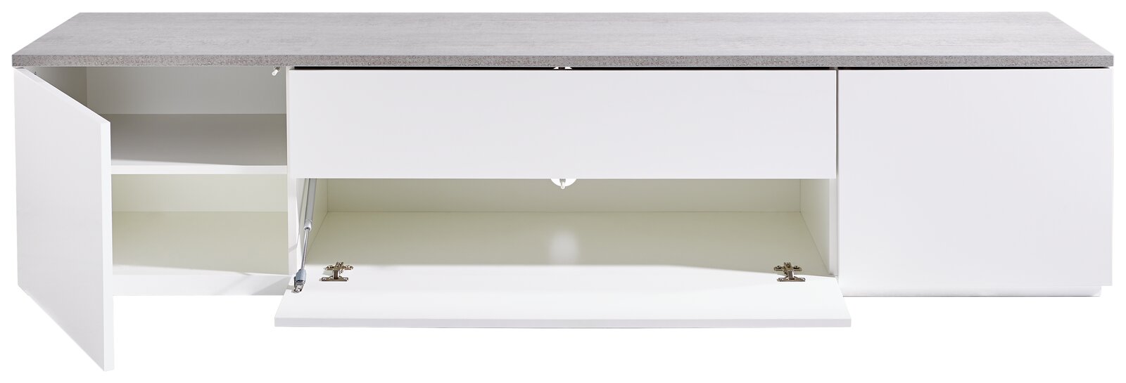 TV-Lowboard in Weiß mit grauer Oberseite, offene Türen und Schubladen, Frontansicht