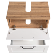 Waschbeckenunterschrank aus Holz mit geöffneter weißer Klappe und Schublade, Ansicht von oben