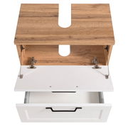 Waschbeckenunterschrank aus Holz mit geöffneter weißer Klappe und Schublade, Ansicht von oben