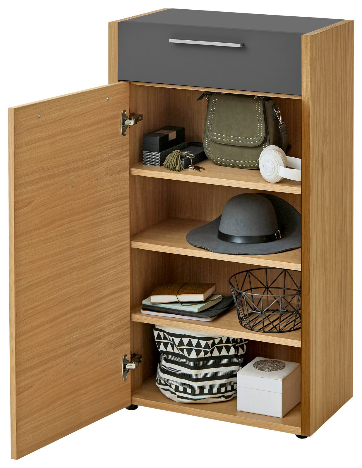 VOSS Kommode LEVIO Kommode aus Holz mit geöffneter Tür, zeigt Regale mit Accessoires wie Hut, Tasche und Bücher, Perspektive von vorne