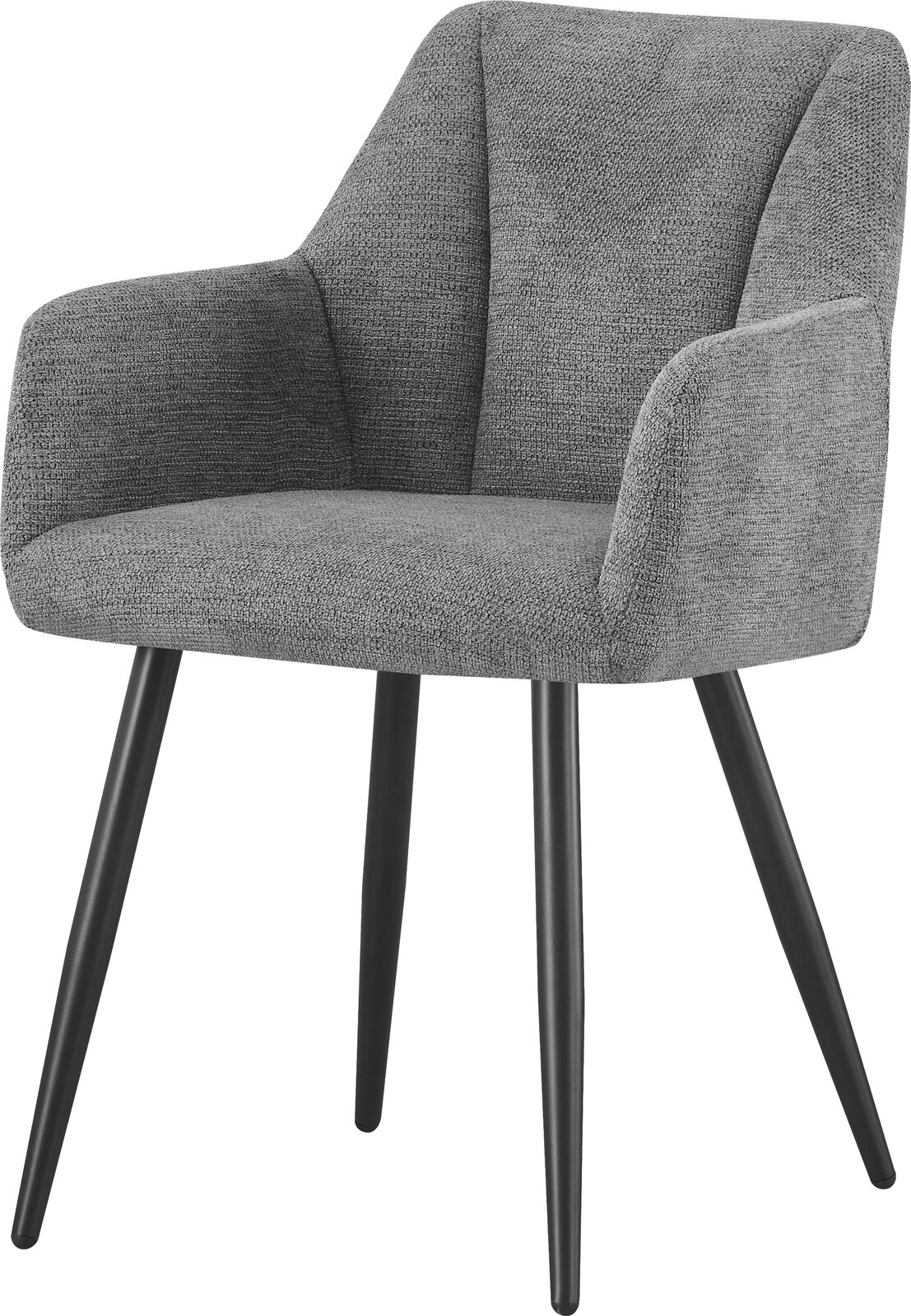 Gepolsterter Armlehnstuhl in Grau mit strukturierter Stoffpolsterung und schwarzen, konischen Beinen, freigestellt auf weißem Hintergrund, in schräger Vorderansicht.