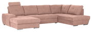 Beige Ecksofa mit Ottomane links, Ansicht von schräg vorne.