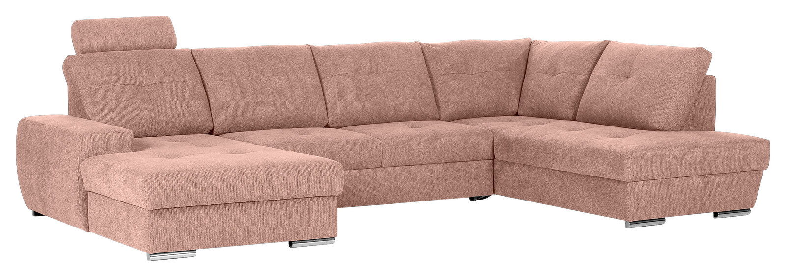 Hom´in Zithoek MAURIS Beige Ecksofa mit Ottomane links, Ansicht von schräg vorne.