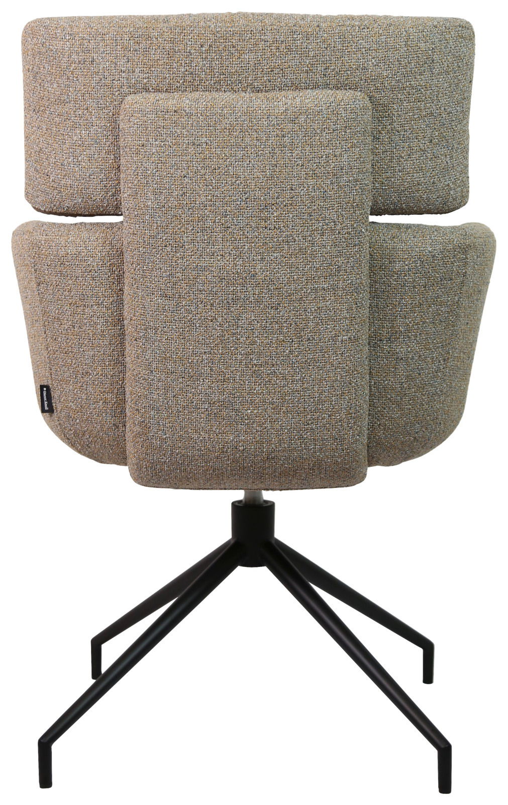 Rückansicht eines modernen Armlehnstuhls mit gepolstertem Stoffbezug und schwarzem Metallgestell.