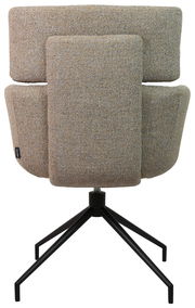 Rückansicht eines modernen Armlehnstuhls mit gepolstertem Stoffbezug und schwarzem Metallgestell.