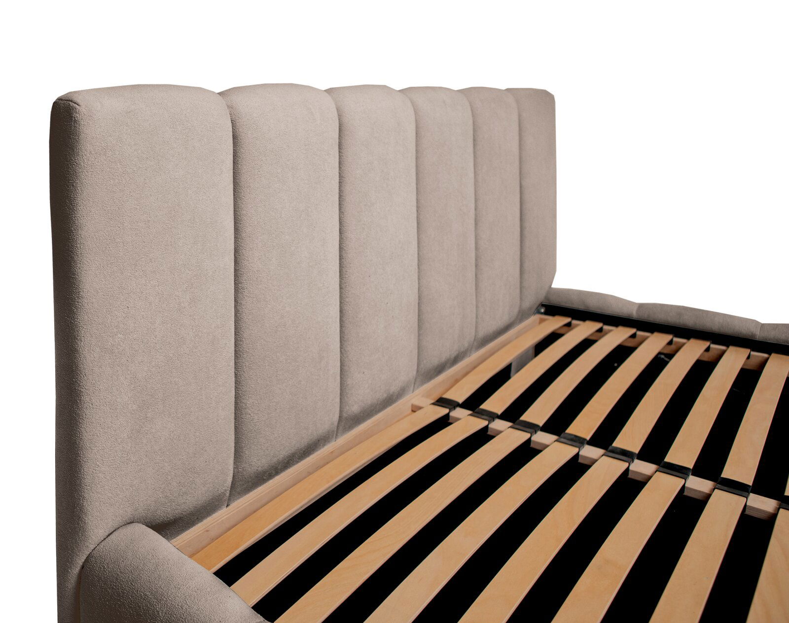 Polsterbettgestell mit gepolstertem Kopfteil in Beige, seitliche Perspektive