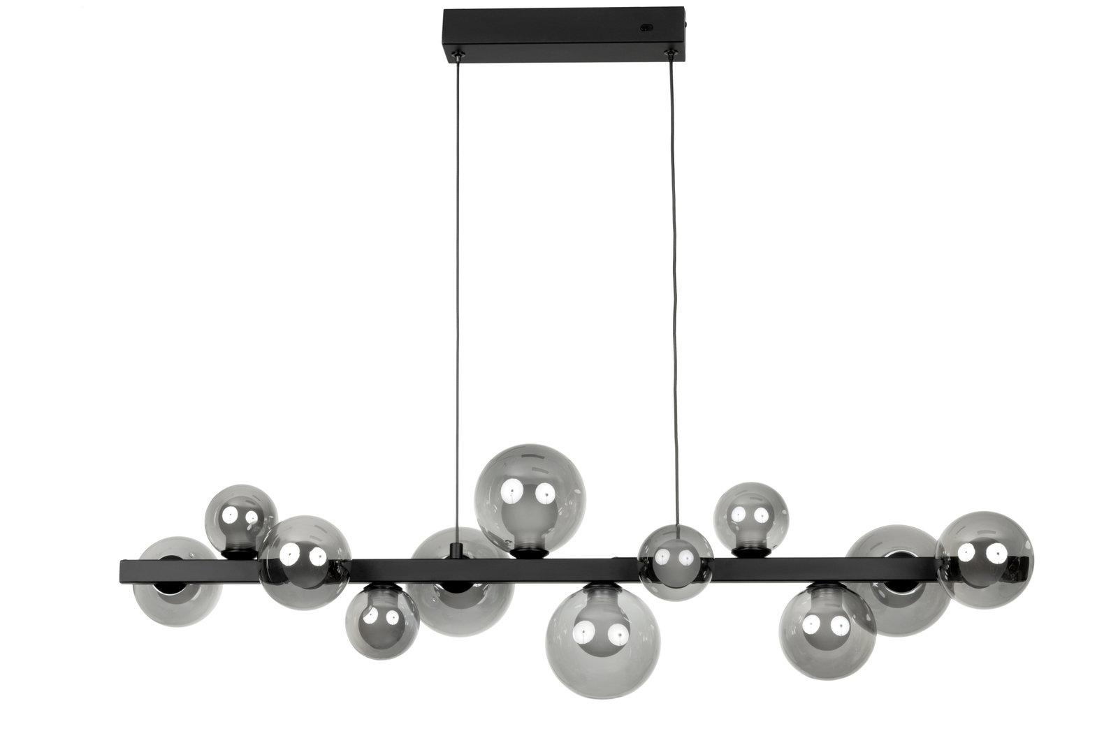Moderne LED-Hängeleuchte mit mehreren kugelförmigen Glaskörpern in Rauchglasoptik, seitliche Perspektive.