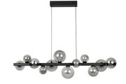 Moderne LED-Hängeleuchte mit mehreren kugelförmigen Glaskörpern in Rauchglasoptik, seitliche Perspektive.