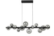 Moderne LED-Hängeleuchte mit mehreren kugelförmigen Glaskörpern in Rauchglasoptik, seitliche Perspektive.