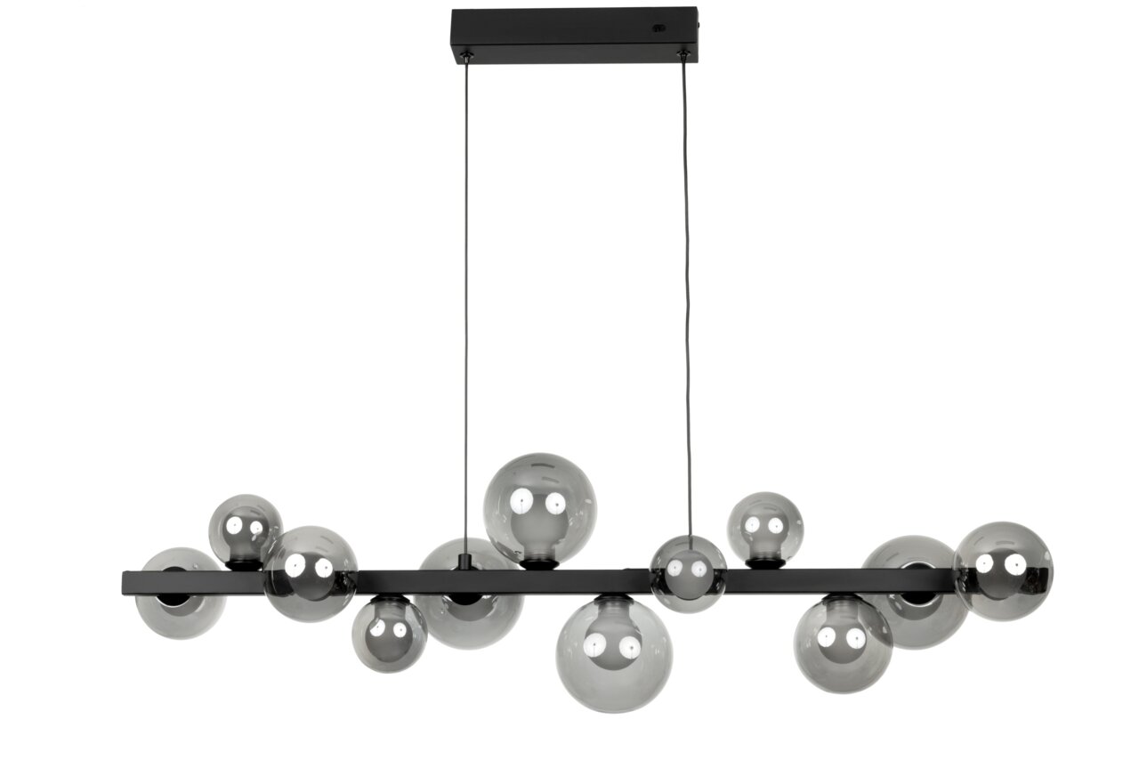Moderne LED-Hängeleuchte mit mehreren kugelförmigen Glaskörpern in Rauchglasoptik, seitliche Perspektive.