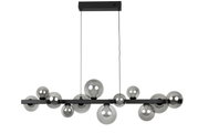 Moderne LED-Hängeleuchte mit mehreren kugelförmigen Glaskörpern in Rauchglasoptik, seitliche Perspektive.